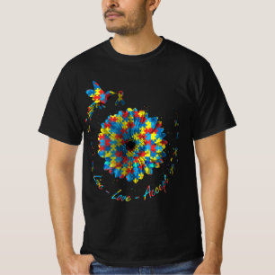 Bird Flower Ribbon Puzzle Live Love Autism T-shirt