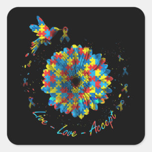 Bird Flower Ribbon Puzzle Live Love Autism Vierkante Sticker