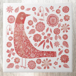 Bird Folk Art Tegeltje<br><div class="desc">Scandinavische volkskunst: rood en wit vogel en bloemontwerp. Originele kunst van Nic Squirrell.</div>
