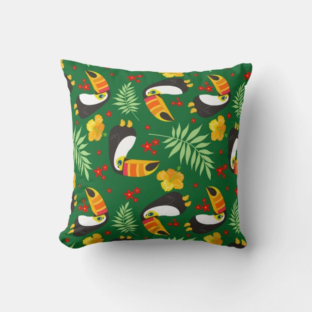 Bird Green Leave Orange Red Flower Tropical Jungle Kussen (Voorkant)