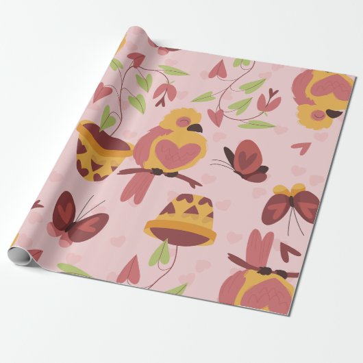 Bird Heart Love Vlinders romance valentijnen Cadeaupapier (Uitgerold)