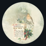 Bird, Holly & Happy Christmas Scroll Ronde Sticker<br><div class="desc">Charmante  wenskaart illustratie met antiek scroll met een Happy Christmas vers met holly,  bird en homestead in de verte met lichte salie groene swirly achtergrond.</div>