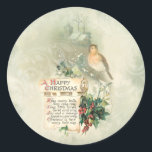 Bird, Holly & Happy Christmas Scroll Ronde Sticker<br><div class="desc">Charmante  wenskaart illustratie met antiek scroll met een Happy Christmas vers met holly,  bird en homestead in de verte met lichte salie groene swirly achtergrond.</div>