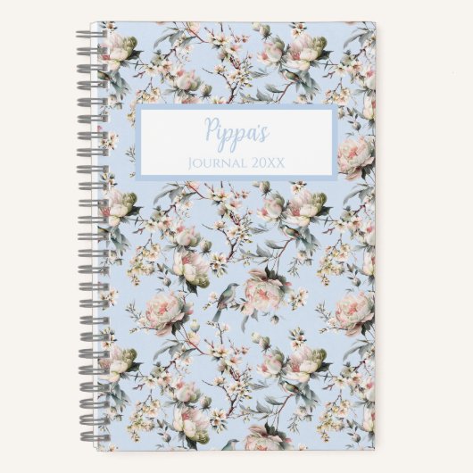 Bird in Blossom Blue Personalized Journal Notebook Notitieboek (Voorkant)