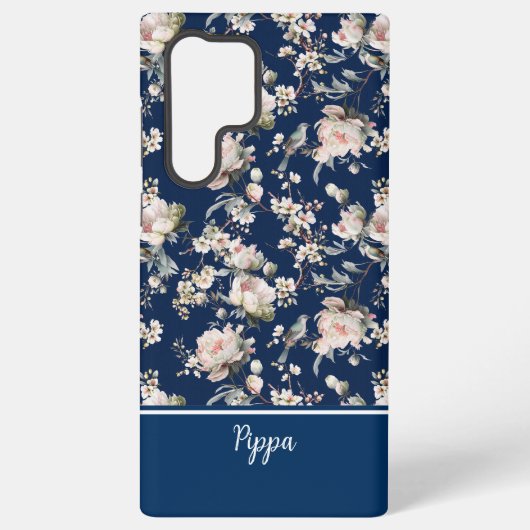 Bird in Blossom Navy Blue MagSafe Tough Samsung Galaxy Hoesje (Achterkant)