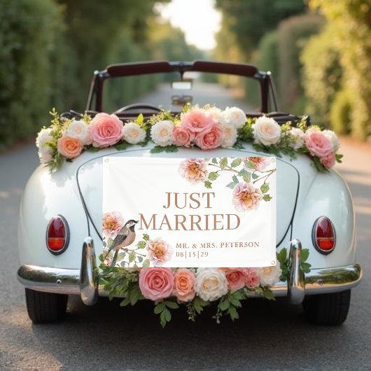 Bird in Flowers Just Married Car Banner