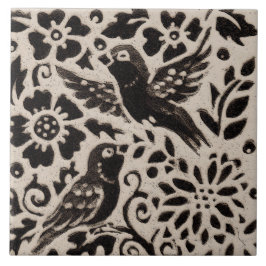 Bird Leaf Batik Stoneware Woodland Animal Tan Gray Tegeltje