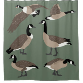 Bird Lovers Canada Geese Illustration Sage Green Douchegordijn