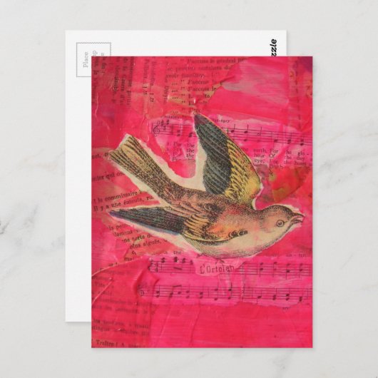 Bird Mixed Media Collage Hot Pink Briefkaart (Voorkant / Achterkant)