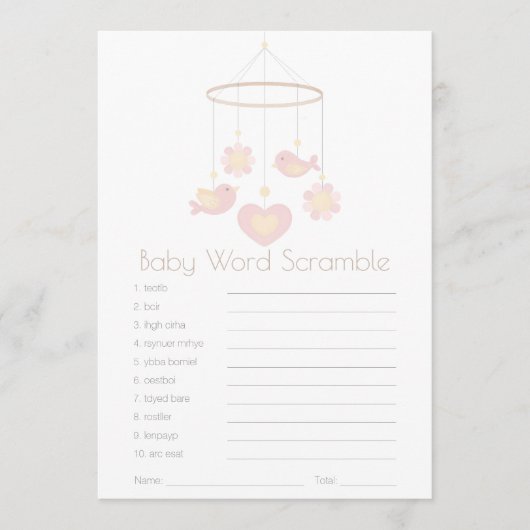 Bird Mobile Nesting Party Baby Word Scramble Advieskaart (Voorkant)