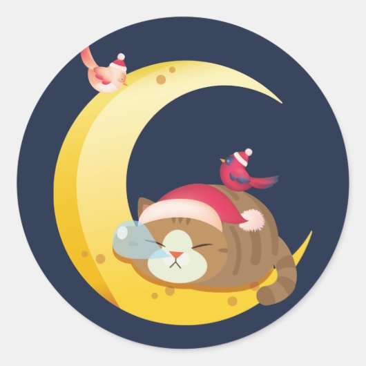 Bird Moon Sleeping Kitten Cat Holiday Ronde Sticker (Voorkant)