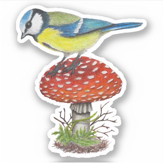 Bird Mushroom Herfst Bos Illustratie Botanisch Sticker (Voorkant)