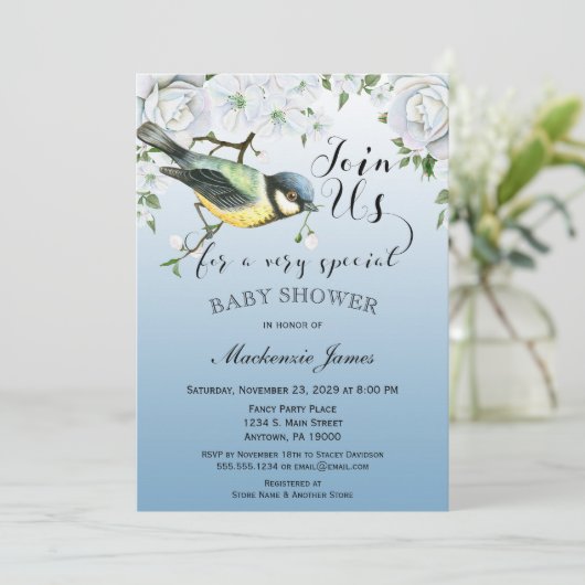 Bird Natuur Baby shower Invitation Blue Floral Kaart (Staand voorkant)