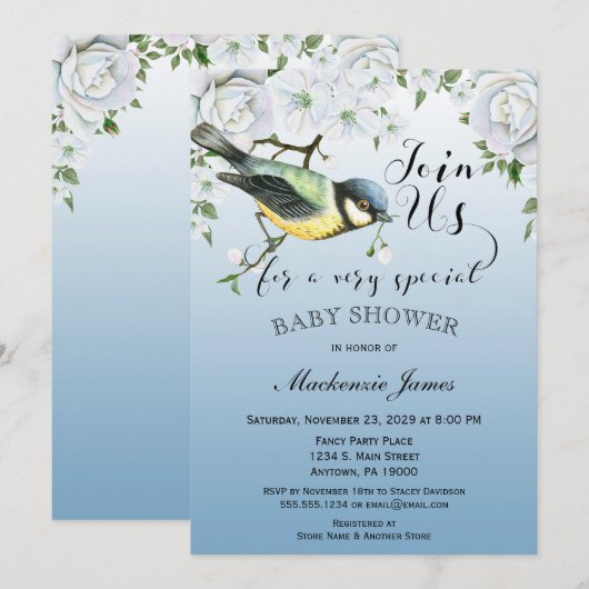 Bird Natuur Baby shower Invitation Blue Floral Kaart (Voorkant / Achterkant)