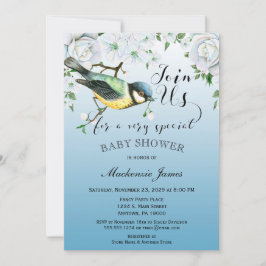 Bird Natuur Baby shower Invitation Blue Floral Kaart