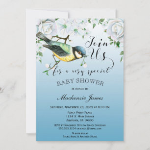 Bird Natuur Baby shower Invitation Blue Floral Kaart