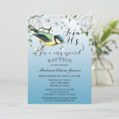 Bird Natuur Baptism Invitation Blue Floral Kaart (Staand voorkant)