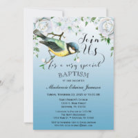 Bird Natuur Baptism Invitation Blue Floral