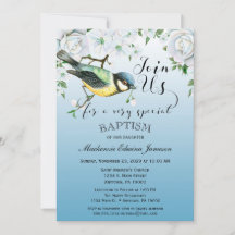 Bird Natuur Baptism Invitation Blue Floral