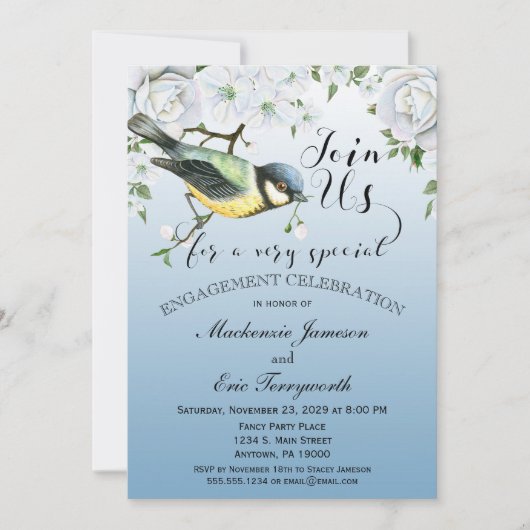 Bird Natuur Verloving Invitation Blue Floral Kaart (Voorkant)