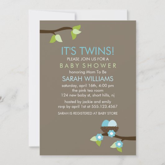 Bird Nest and Blossom Twin Boys Baby shower Kaart (Voorkant)