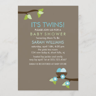 Bird Nest and Blossom Twin Boys Baby shower Kaart