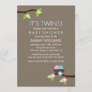 Bird Nest and Blossom Twins Baby shower Kaart