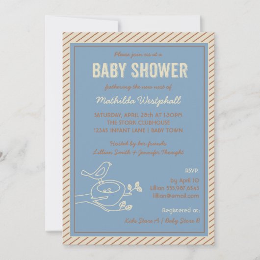 Bird Nest Blue Baby shower Invitation Kaart (Voorkant)