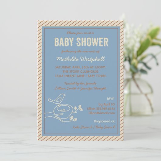 Bird Nest Blue Baby shower Invitation Kaart (Staand voorkant)