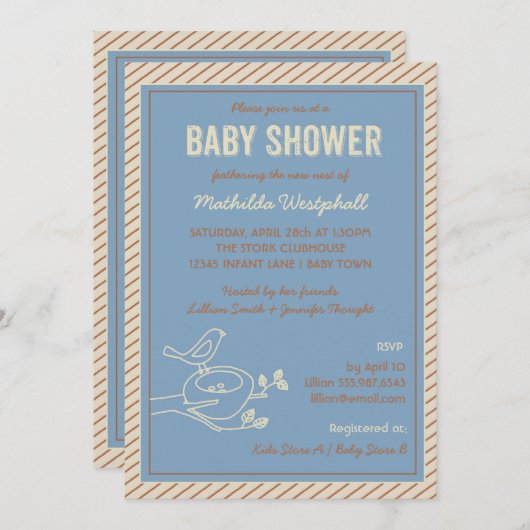 Bird Nest Blue Baby shower Invitation Kaart (Voorkant / Achterkant)