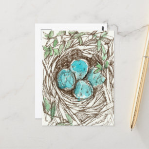 Bird Nest Blue Robin Eggs Spring Ink Tekening Briefkaart