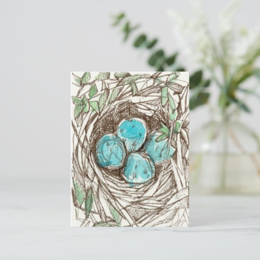 Bird Nest Blue Robin Eggs Spring Ink Tekening Briefkaart (Staand voorkant)