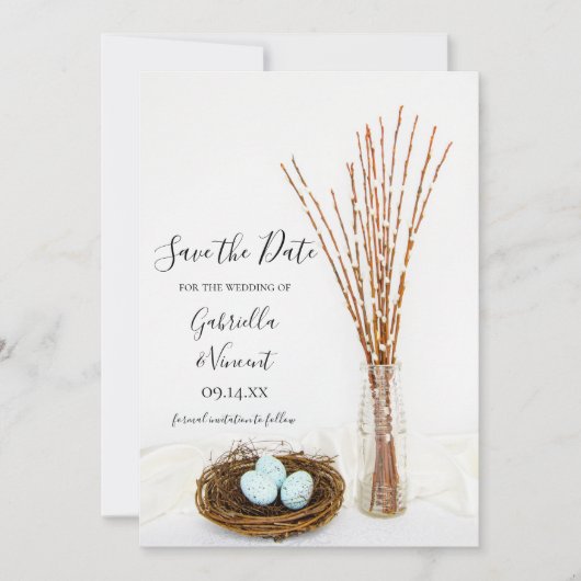 Bird Nest Eggs Pussy Willows Wedding Save the Date (Voorkant)