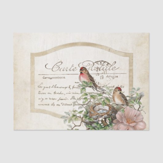 Bird Nest Gold Floral Carte Postale French Script Tissuepapier (Voorkant)