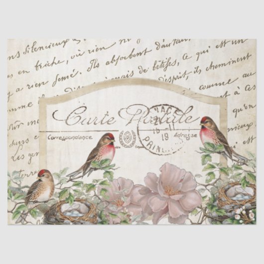 Bird Nest Gold Floral Carte Postale French Script Tissuepapier (Voorkant)