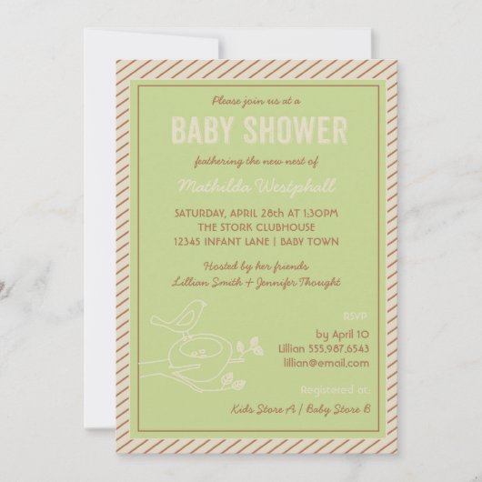 Bird Nest Green Baby shower Invitation Kaart (Voorkant)