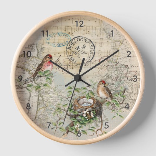 Bird Nest Map Music Franse Postmark  Clock (Voorkant)