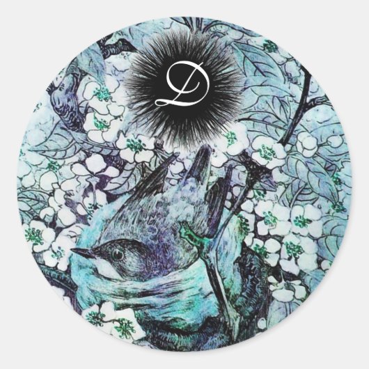 BIRD NEST-monogram, wit blauw Ronde Sticker (Voorkant)