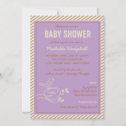 Bird Nest Paarse Baby shower Uitnodiging (Voorkant)
