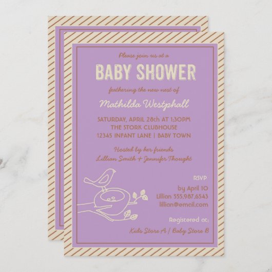 Bird Nest Paarse Baby shower Uitnodiging (Voorkant / Achterkant)