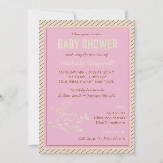 Bird Nest Pink Baby shower Invitation Kaart (Voorkant)