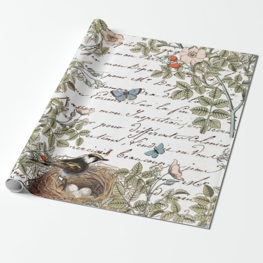 Bird Nest Pink Rose Butterfly Gold French Script Cadeaupapier (Uitgerold)