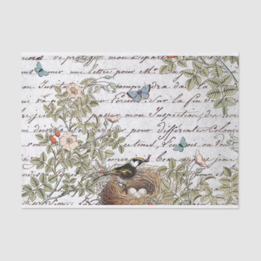 Bird Nest Pink Rose Butterfly Gold French Script Tissuepapier (Voorkant)