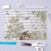 Bird Nest Pink Rose Butterfly Gold French Script Tissuepapier (Craft)