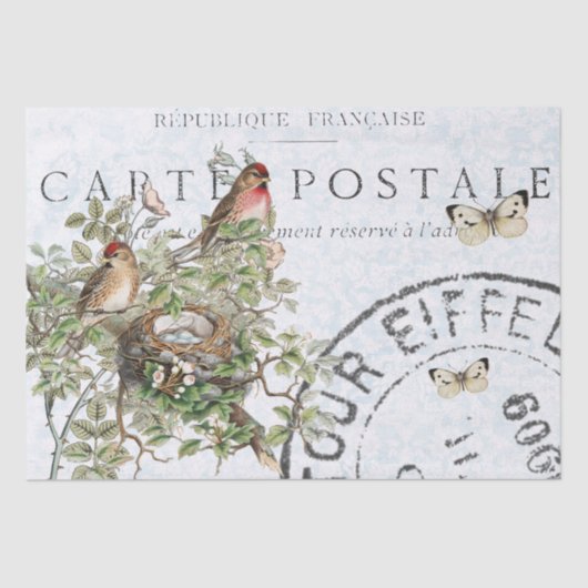 Bird Nest Postmark Butterfly Carte Postale Blue Tissuepapier (Voorkant)