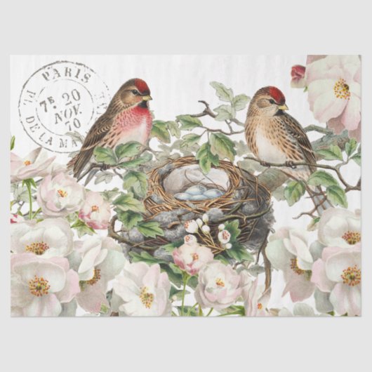 Bird Nest Roos Flower Postmark Spring Decoupage Tissuepapier (Voorkant)