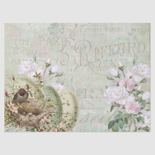 Bird Nest Roos French Script  Decoupage Big Tissuepapier (Voorkant)