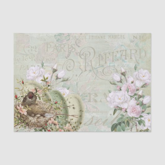 Bird Nest Roos French Script Decoupage Tissuepapier (Voorkant)