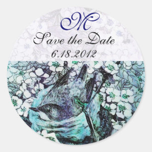 BIRD NEST Save the Date Monogram, White Blauwgroen Ronde Sticker