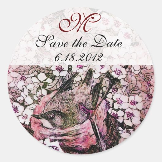 BIRD NEST Save the Date Monogram, White Pink Red Ronde Sticker (Voorkant)
